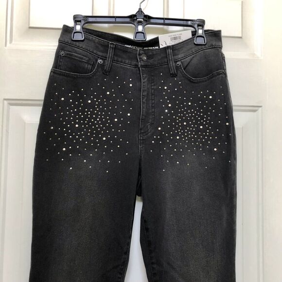 INC Denim Jeans Women's High Rise Flare Black Wash Rhinestones Studded at front - Picture 13 of 16